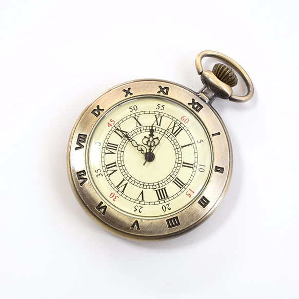 【懐中時計バッグチャーム】レトロオープンフェイスアンティーク調クオーツ式懐中時計+コットンパールバッグチャーム 3枚目の画像