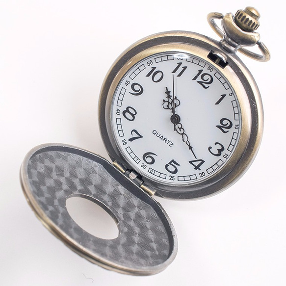 【懐中時計バッグチャーム】クラシックローマ数字アンティーク調クオーツ式懐中時計+ラピスラズリバッグチャーム 5枚目の画像