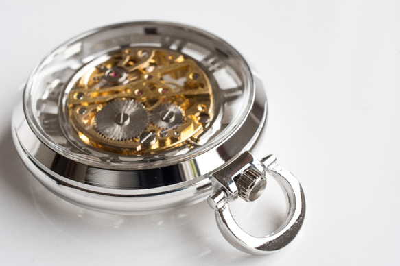機械式手巻懐中時計 トランスペアレントモデル シルバー×ゴールド オリジナルチェーン  ff-270 4枚目の画像
