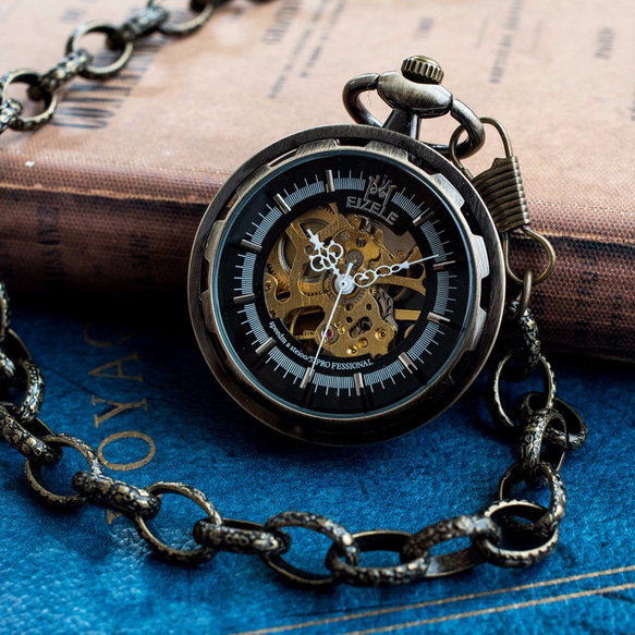機械式手巻懐中時計 スチームパンクブラック歯車透かし オリジナル