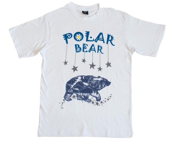 星空の下のシロクマ 白Tシャツ Mサイズ Polar Bear ホワイト ハンドメイド 1枚目の画像