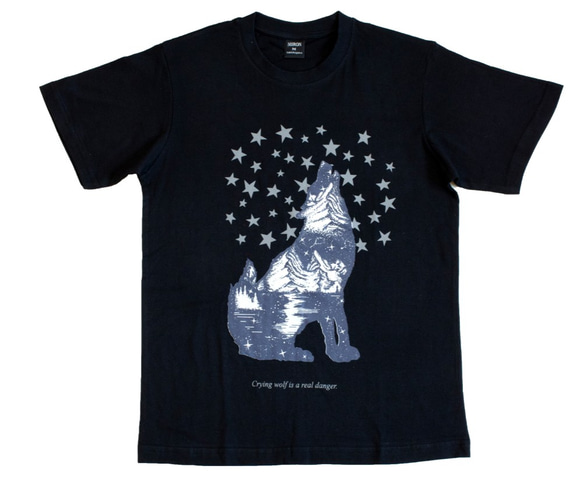 星空に吠えるオオカミ 黒Tシャツ Mサイズ Crying Wolf ブラック ハンドメイド 1枚目の画像