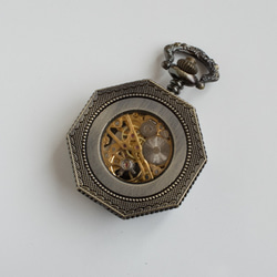 機械式手巻懐中時計 ネコ顔八角形フレーム アンティークゴールド オリジナル懐中時計チェーン付属 9枚目の画像