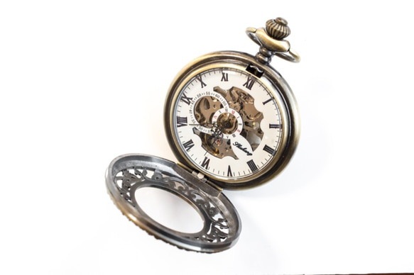 機械式手巻懐中時計 透かし星模様202 アンティークゴールド オリジナル懐中時計チェーン付属 5枚目の画像