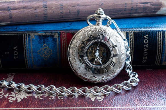 両開き機械式手巻懐中時計204 ローマ数字 シルバー オリジナル懐中時計