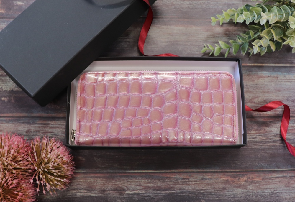 エナメルレザーラウンド長財布 □ピンク□ 牛革 本革 クロコダイル カードケース付き　春財布　ギフト　新調