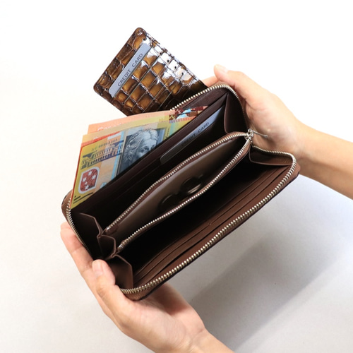 エナメルレザーラウンド長財布 □ブラウン□ 牛革 本革 クロコダイル 