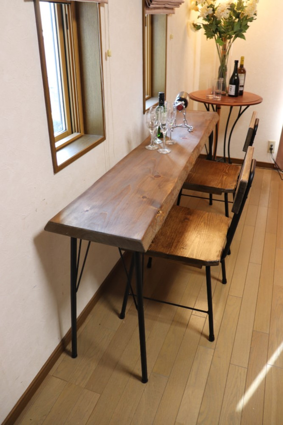 w1660一枚板ヒノキ　カウンターテーブル　 ダイニングテーブル　在宅デスク　テレワーク　アンティーク風 1枚目の画像