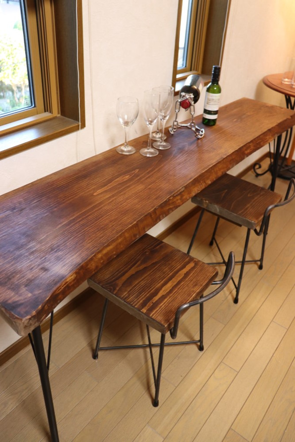 ｗ1620　一枚板ヒノキ　カウンターテーブル　 カフェ ダイニングテーブル　在宅勤務　テレワーク　アンティーク風 2枚目の画像