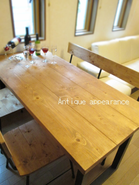 ヒノキ【サイズ約W1200×D800】角鉄脚アイアン　ミディアムアンティーク風ダイニングテーブル 6枚目の画像