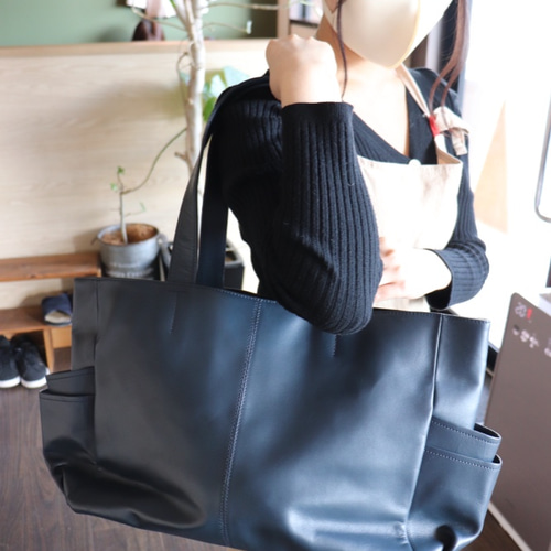 本革 レザー ネイビー トートバック ダブルポケットでペット