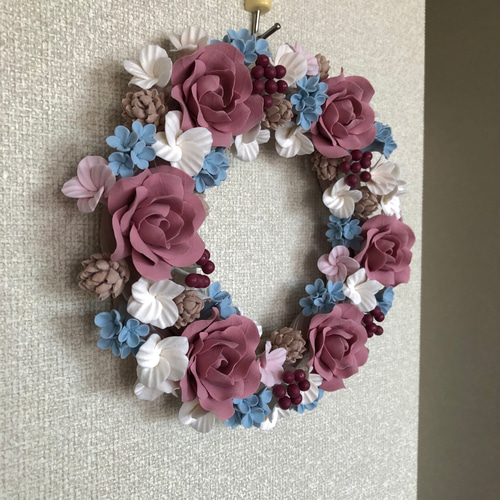 【ひろりんから２点おまとめです】クレイフラワー(粘土花)✿ブルー系ミニリース ひろりんから2点おまとめです】クレイフラワー(粘土花)✿ブルー