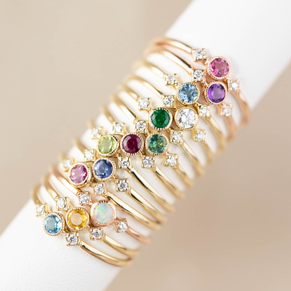ムーン＆スターリング 誕生石リング 華奢な誕生石重ね付けリング 彫金✴︎K14YG RG WG