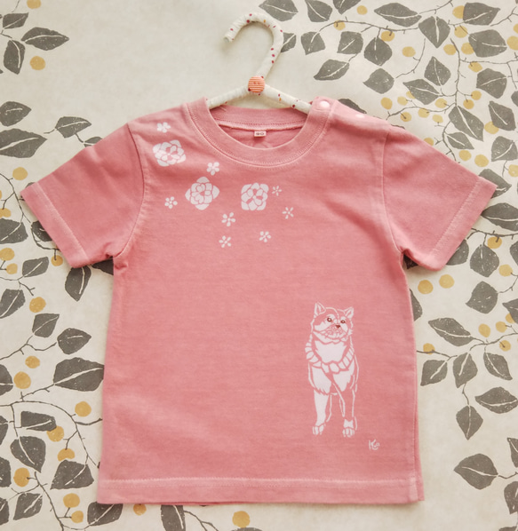 型染め90㎝動物子供Tシャツ  ～柴犬～ サーモンピンク色 4枚目の画像