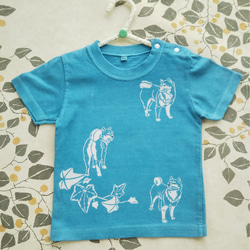 型染め90㎝動物子供Tシャツ ～柴犬～ 青緑色 2枚目の画像