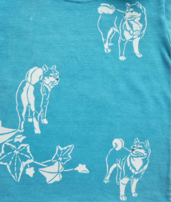 型染め90㎝動物子供Tシャツ ～柴犬～ 青緑色 4枚目の画像