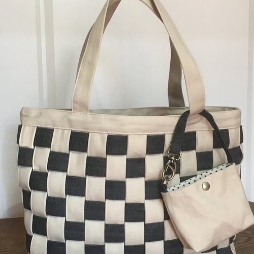 デニムと帆布の編み込みバッグ ポーチ付き 【抗菌 抗ウイルス 国産