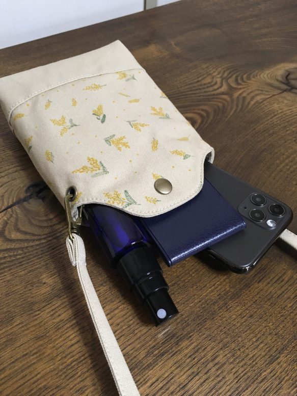 ミモザ　倉敷帆布　スマホポシェット　　サコッシュ　【抗菌　抗ウイルス　スマホショルダー　スマホポーチ　 】　（ベージュ） 3枚目の画像