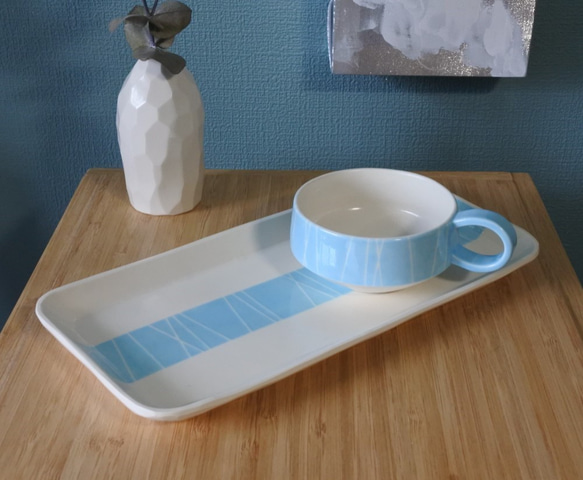 Plate プレート　(長皿）ブルー/ストライプ 5枚目の画像