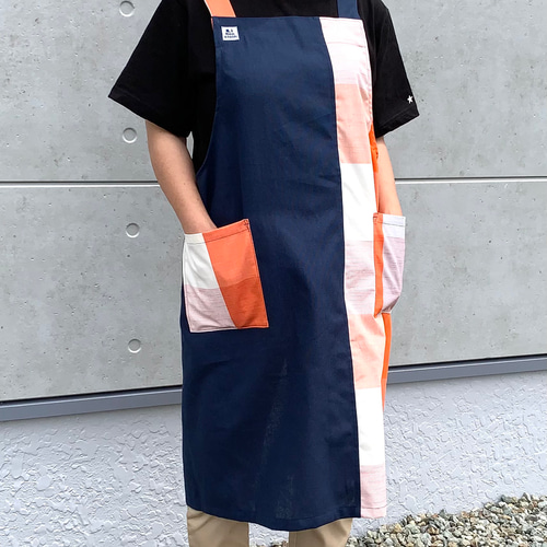サンプルネイビーリネンバッククロスエプロン&ワンピースセット