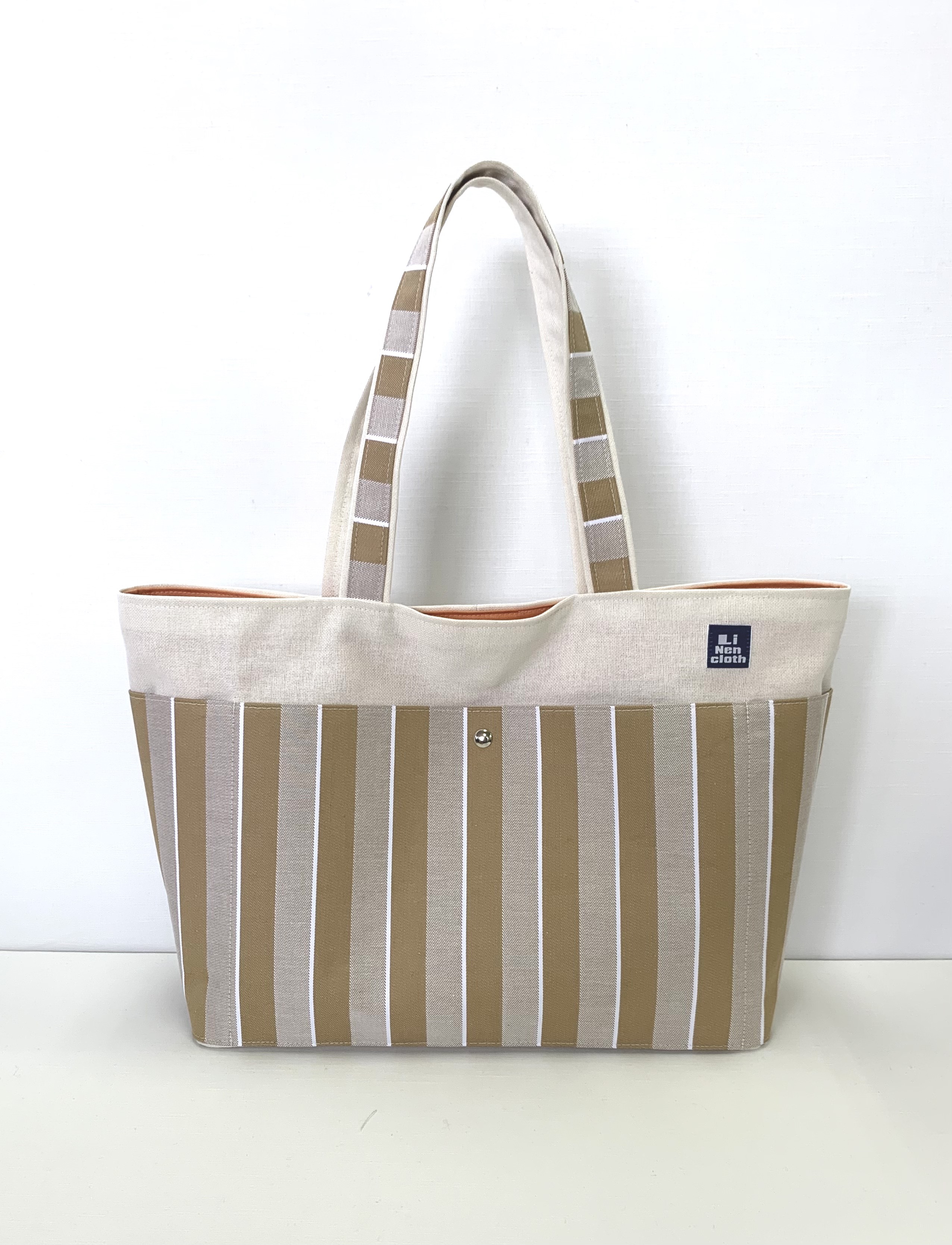 ぐる〜とポケット　トートバッグ　ストライプ(ベージュ)