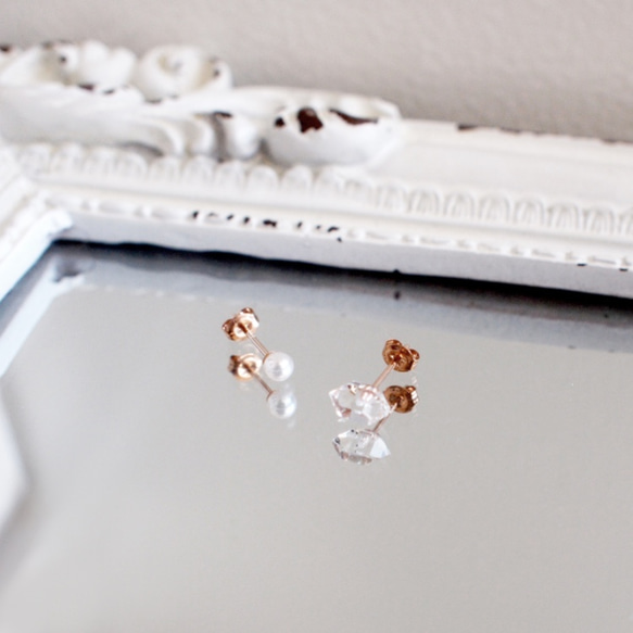 【冰滴】赫基默鑽石與淡水珍珠K10PG耳環 第1張的照片