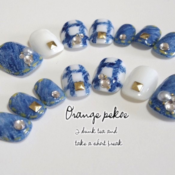 NT-004☆デニムチェックネイル ネイルチップ（つけ爪） Orange pekoe  