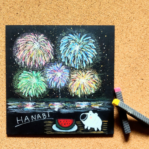 チョークアート 花火 ブタの香取線香とスイカで夏！【原画】 絵画