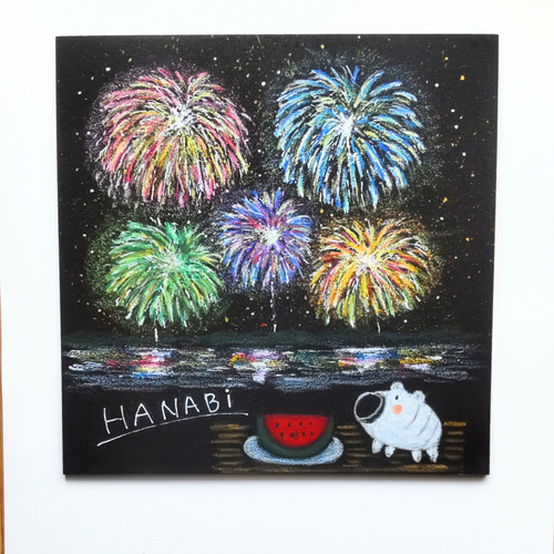チョークアート 花火 ブタの香取線香とスイカで夏！【原画】 絵画