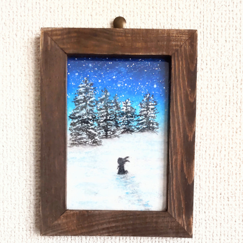 静かな雪の森 夜空と雪と 会話をするウサギ 【原画】インテリアアート