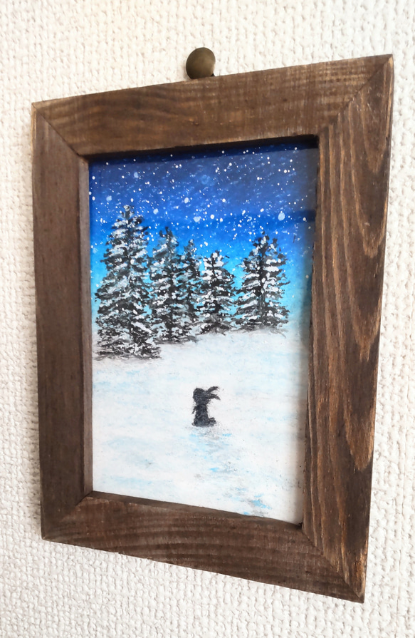 静かな雪の森 　夜空と雪と　会話をするウサギ　【原画】インテリアアート　 4枚目の画像
