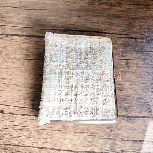 春色ツイードのがま口ブックカバー【ピンク×ベージュ×ゴールド】(A6