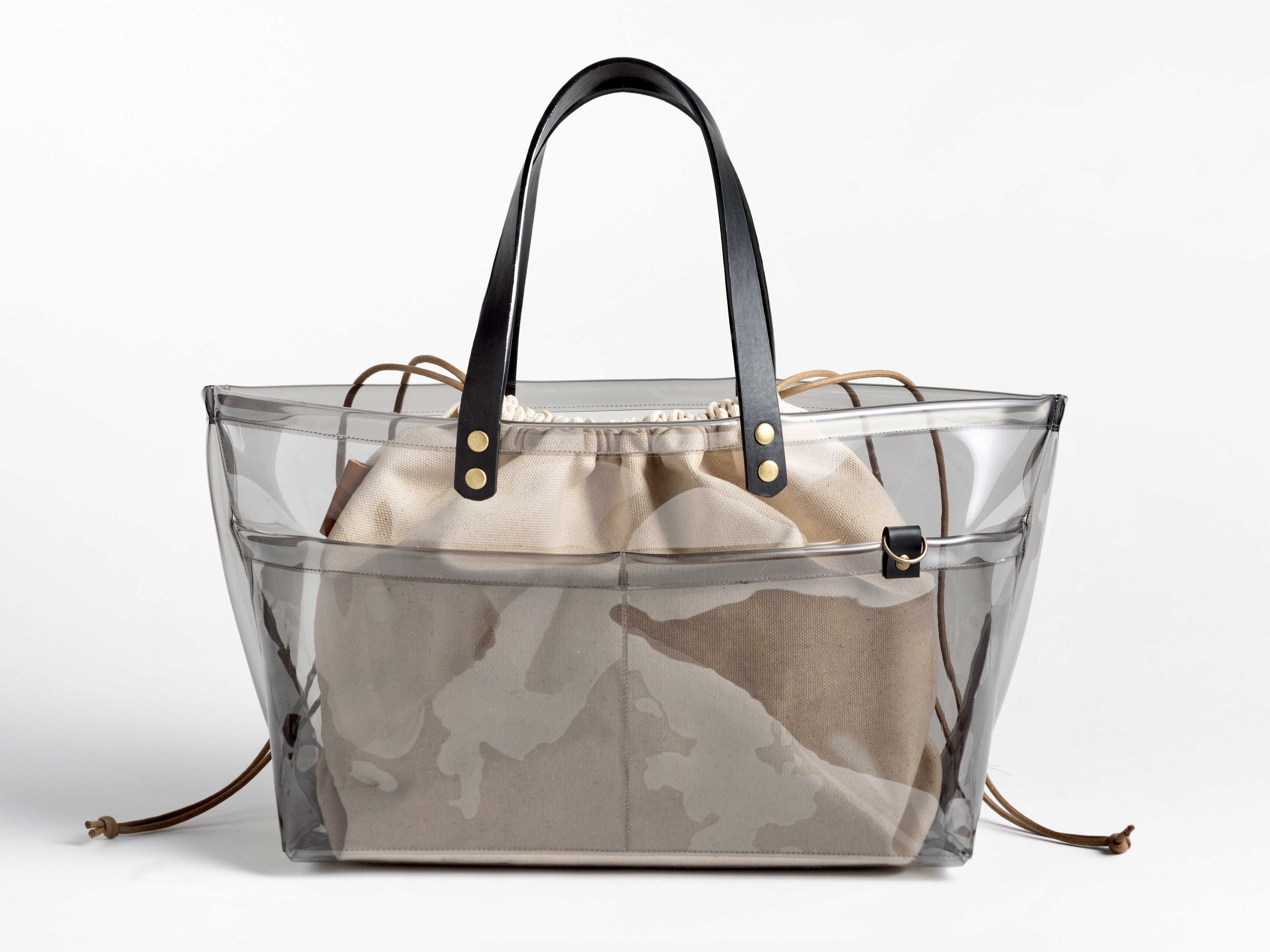 【再販まつり2024】PVC×レザーのポケット付き横長クリアトート(グレー)＆巾着バッグセット