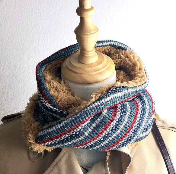 ステッチピケボーダーニットとプードルファーのねじりスヌード/ネック