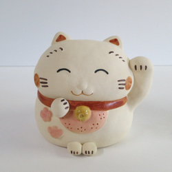 ふふふ招き（小）　Ｏ-290　陶製/Lucky cat/招財貓/Glückskatze/भाग्यशाली बिल् 1枚目の画像