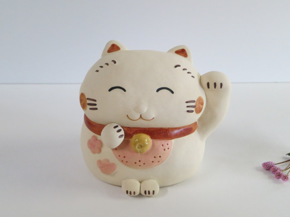 ふふふ招き（小）　Ｏ-290　陶製/Lucky cat/招財貓/Glückskatze/भाग्यशाली बिल् 1枚目の画像