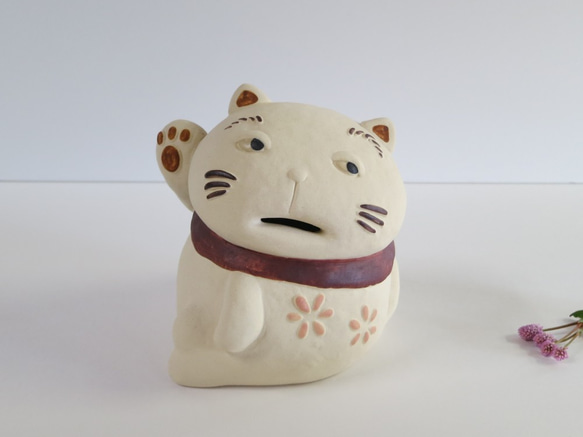 はぁ～招き（小）　Ｏ-203　陶製/Lucky cat/招財貓/Glückskatze/भाग्यशाली बिल् 1枚目の画像