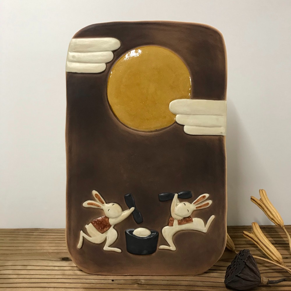 餅つき　陶板　Ｊ-111　陶製　/rabbit/兔子