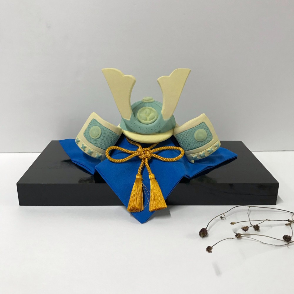 兜　グリーン　Ｆ-172-Ａ　陶製　五月人形　　/headpiece/頭盔