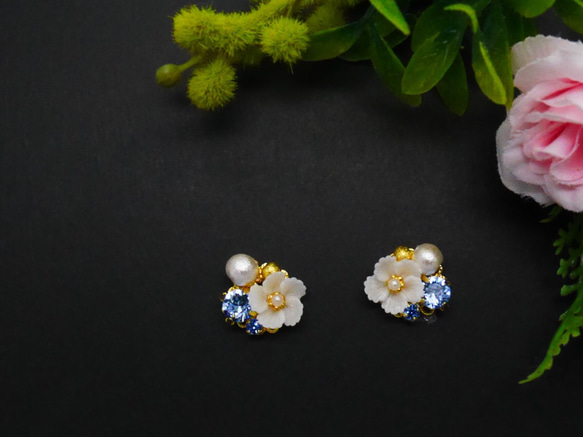 [再次上架] 白罌粟藍寶石和珍珠耳環/耳環 第1張的照片
