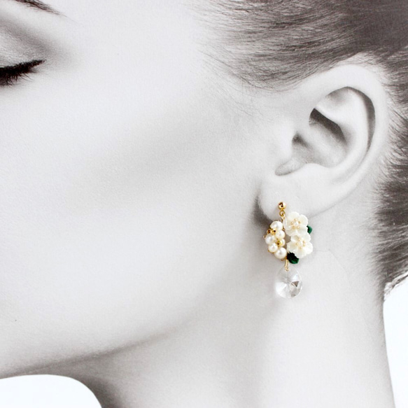 白花珍珠施華洛世奇耳環/耳環 第2張的照片