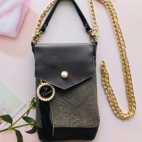 スマホポーチ FLOWERレザースマホポーチ ハンドメイドスマホポーチ