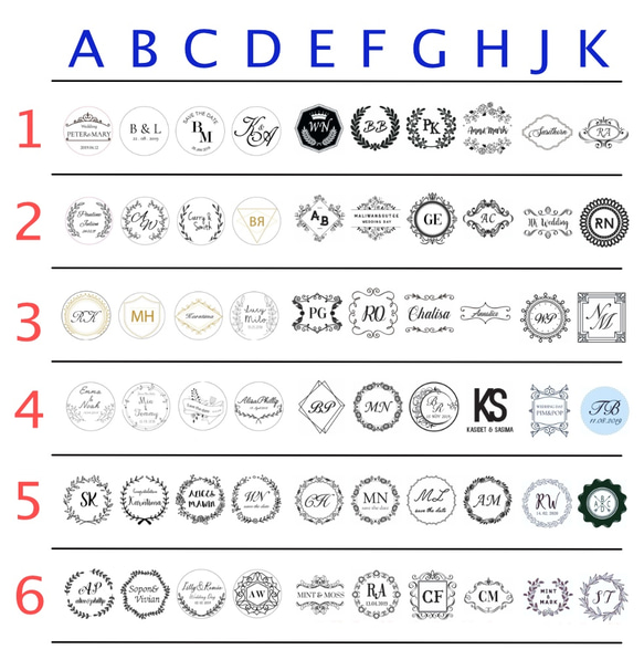 ブライダルシーリングスタンプ　１４４種類からのセミオーダー！真鍮オリジナル　直径20/25/30/40mmサイズ 2枚目の画像