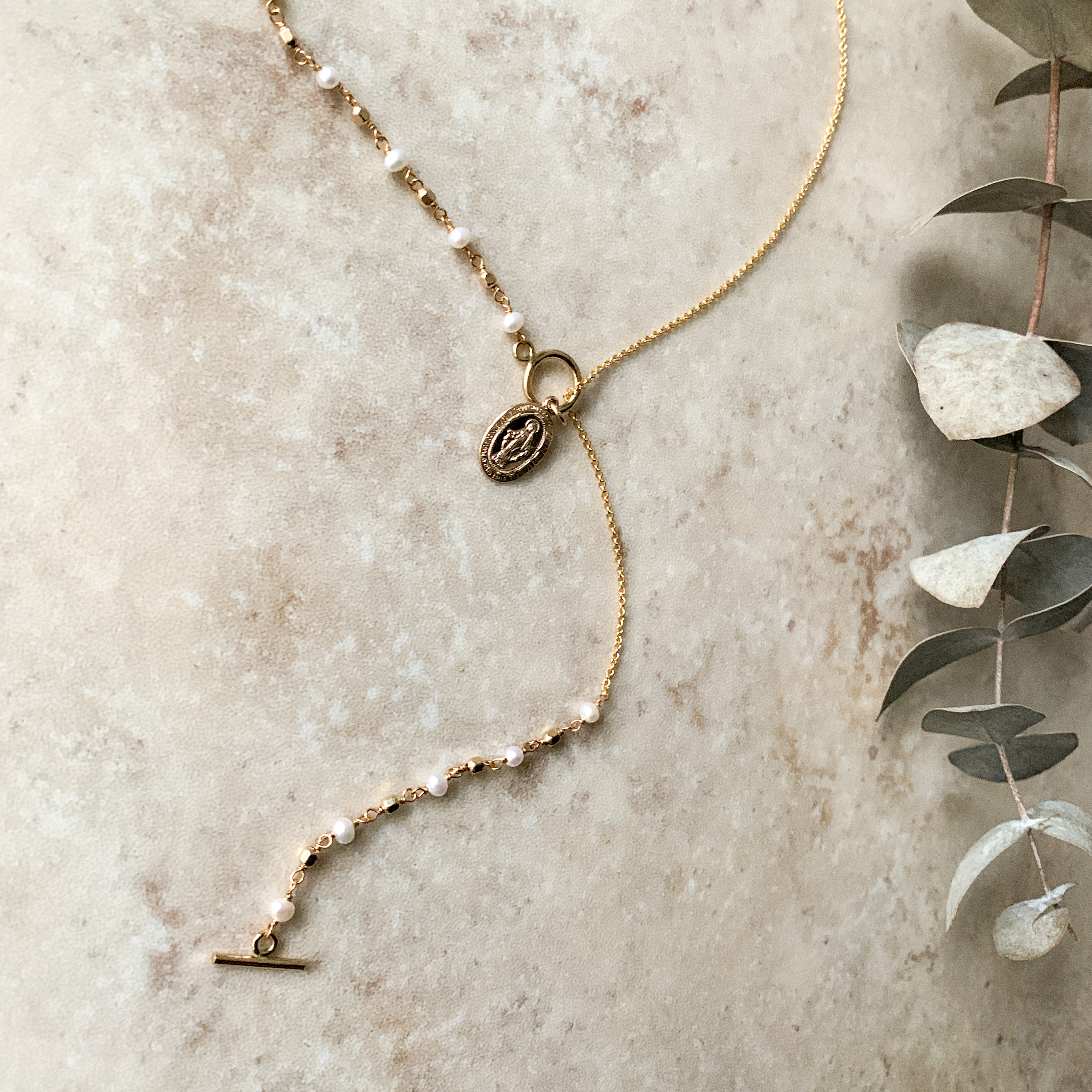 14kgfメダイ チェーン 淡水パール ラリエット ネックレス 6月誕生石