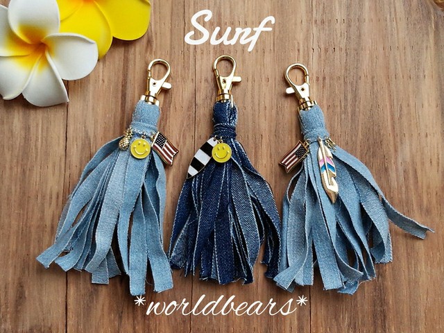 ̮デニムボード×タッセルキーホルダー 燃やさ