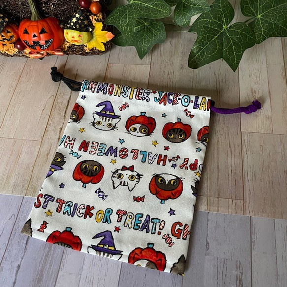 ハロウィンを楽しもう！巾着袋　帽子ネコ　裏なし　送料込み 1枚目の画像