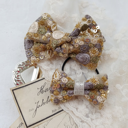 再販　刺繍のBonheur ruban　ヘアクリップ&ヘアゴム　親子セット　小花柄トープ　 1枚目の画像