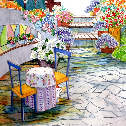 花咲くガーデン （猫のいる絵 透明水彩 原画） 絵画 つかもとていこ