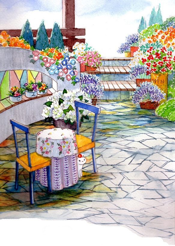 花咲くガーデン （猫のいる絵 透明水彩 原画） 絵画 つかもとていこ