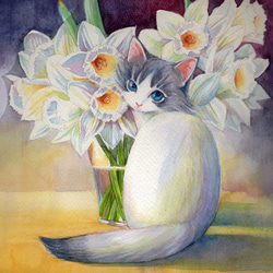 水仙 （猫のいる絵 透明水彩 原画） 絵画 つかもとていこ 通販 6003177